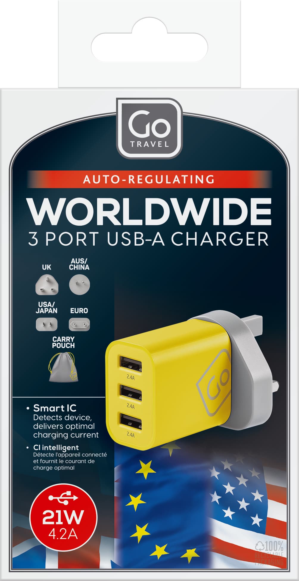 Worldwide 3 Port USB-A Charger packaging