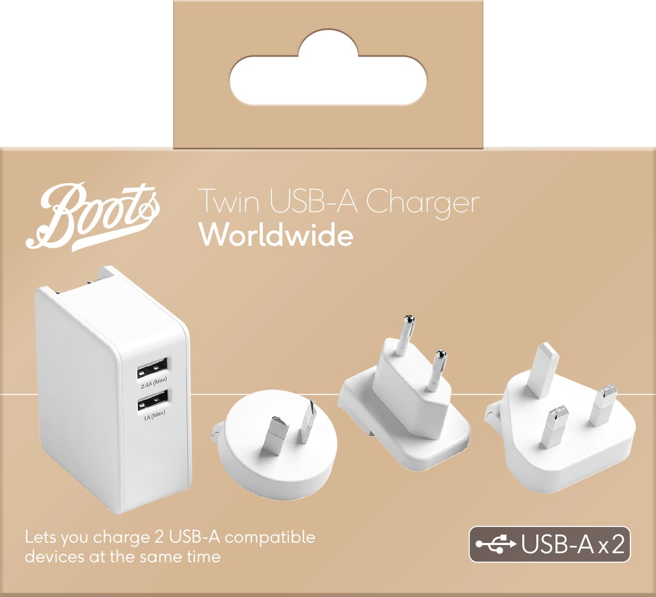 Boots Twin USB-A Charger Worldwide packaging