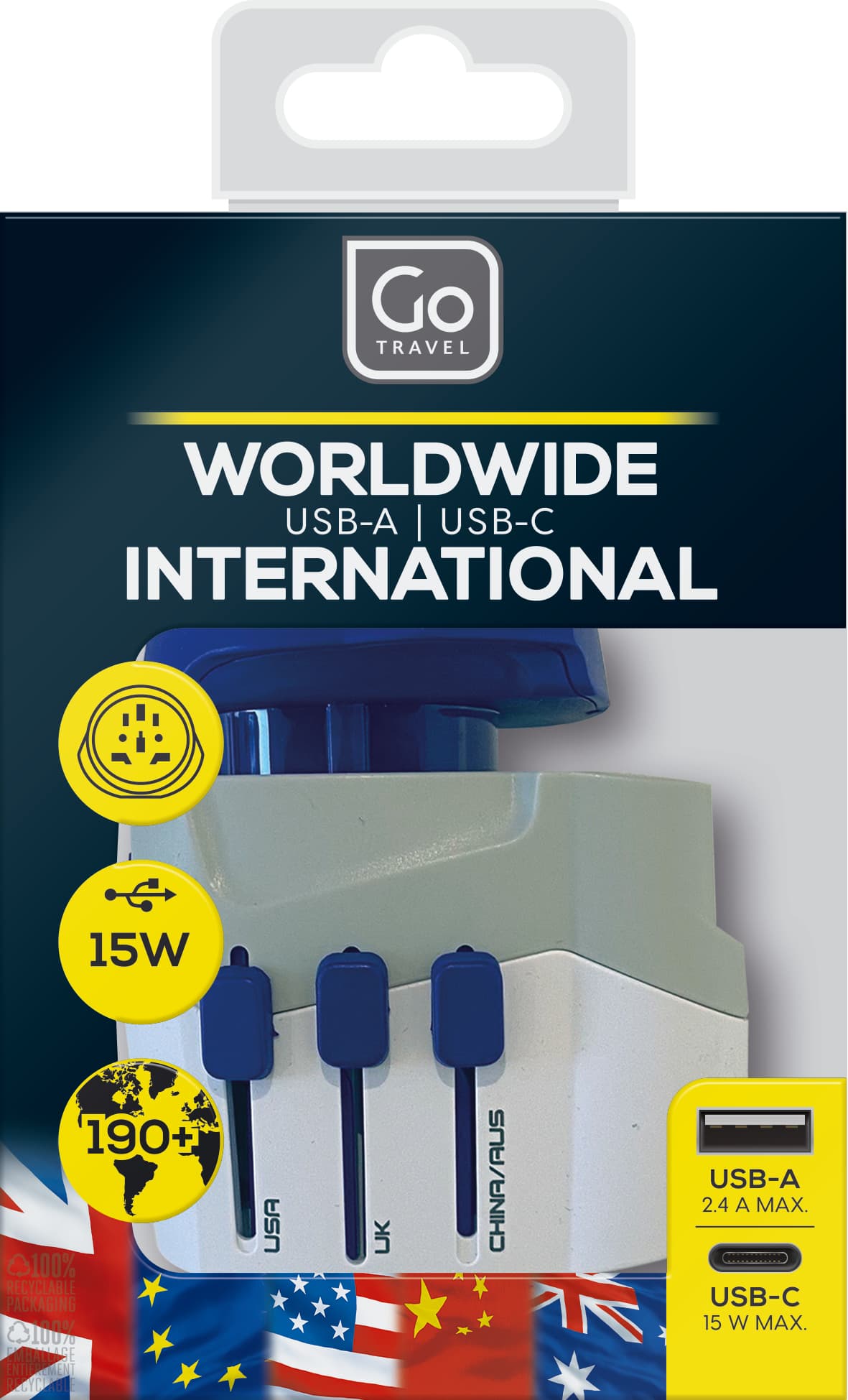 Worldwide Adaptor + USB-A & USB-C packaging