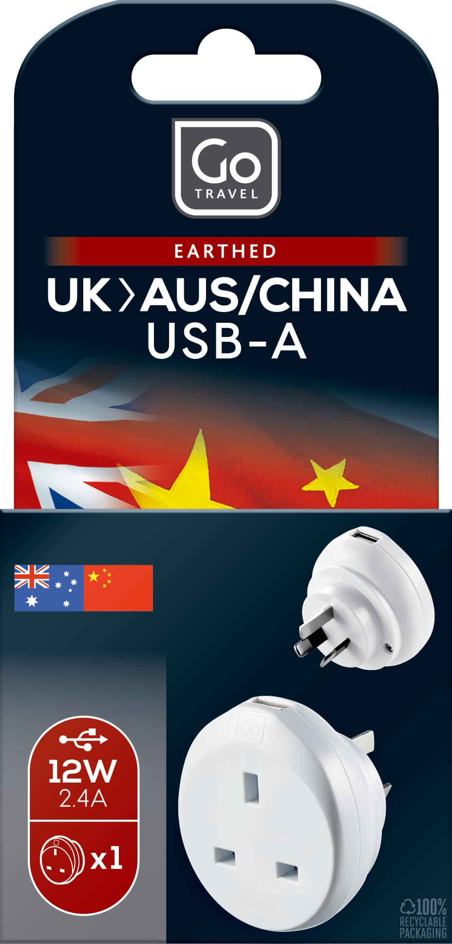 UK-AUS/China USB-A Adaptor (2.4A) packaging