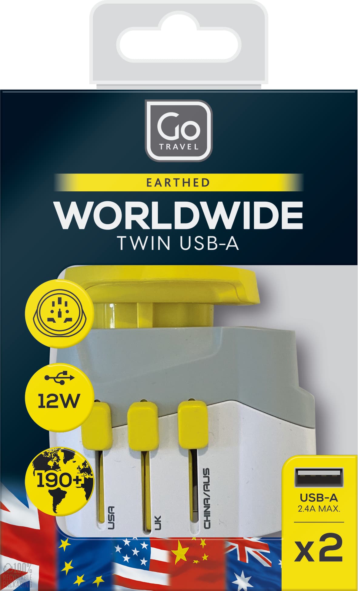 Worldwide Adaptor + Twin USB-A packaging