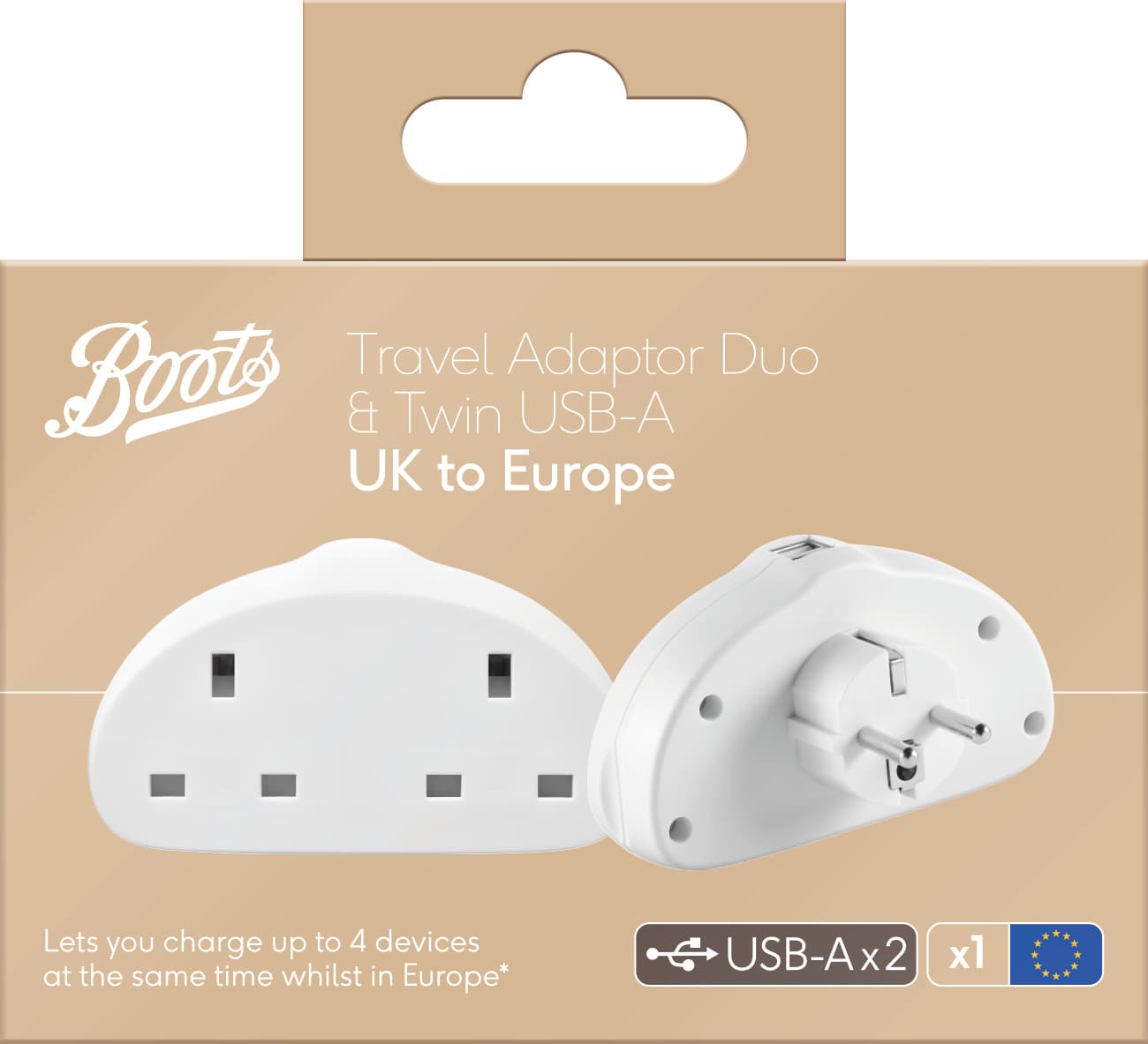 Boots Travel Adaptor UK-EU Duo & USB-A packaging