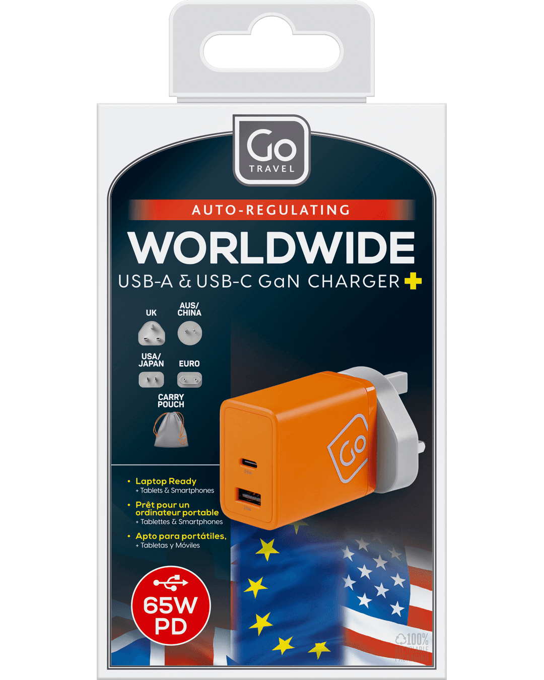 Worldwide USB-A & USB-C GaN Charger + (65W PD) - packaging